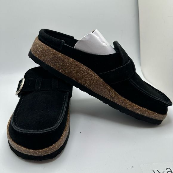 CUSHIONAIRE Women's Genuine Leather Cork Footbed Clog with +Comfort 6 BLACK - Picture 6 of 7